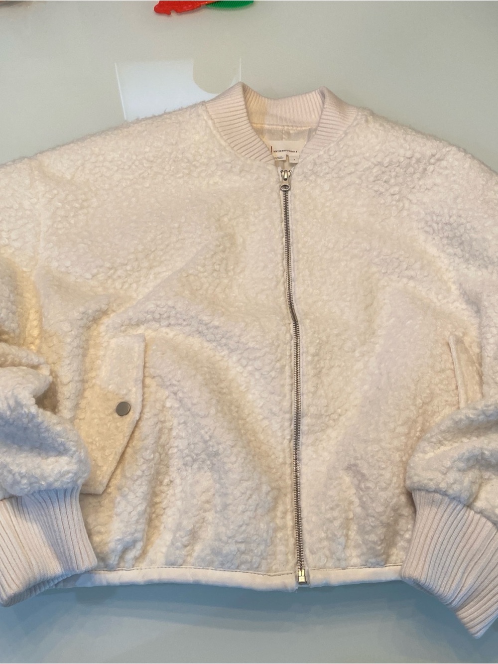 By Anthropologie Cream Ivory Bouclé Sherpa Fleece Ruched Sleeve Bomber Jacket L